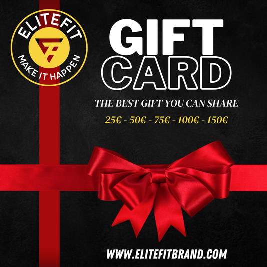 TARJETA REGALO ELITEFIT - Regala moda | Ropa Fitness con diseño elegante en negro y lazo rojo. Disponible en valores de 25€ a 150€.