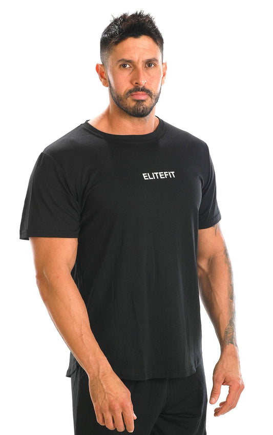 Camiseta deportiva ANGELO de fitness y gym para hombre en color negro, diseño ajustado con logo 'ELITEFIT' en el pecho.