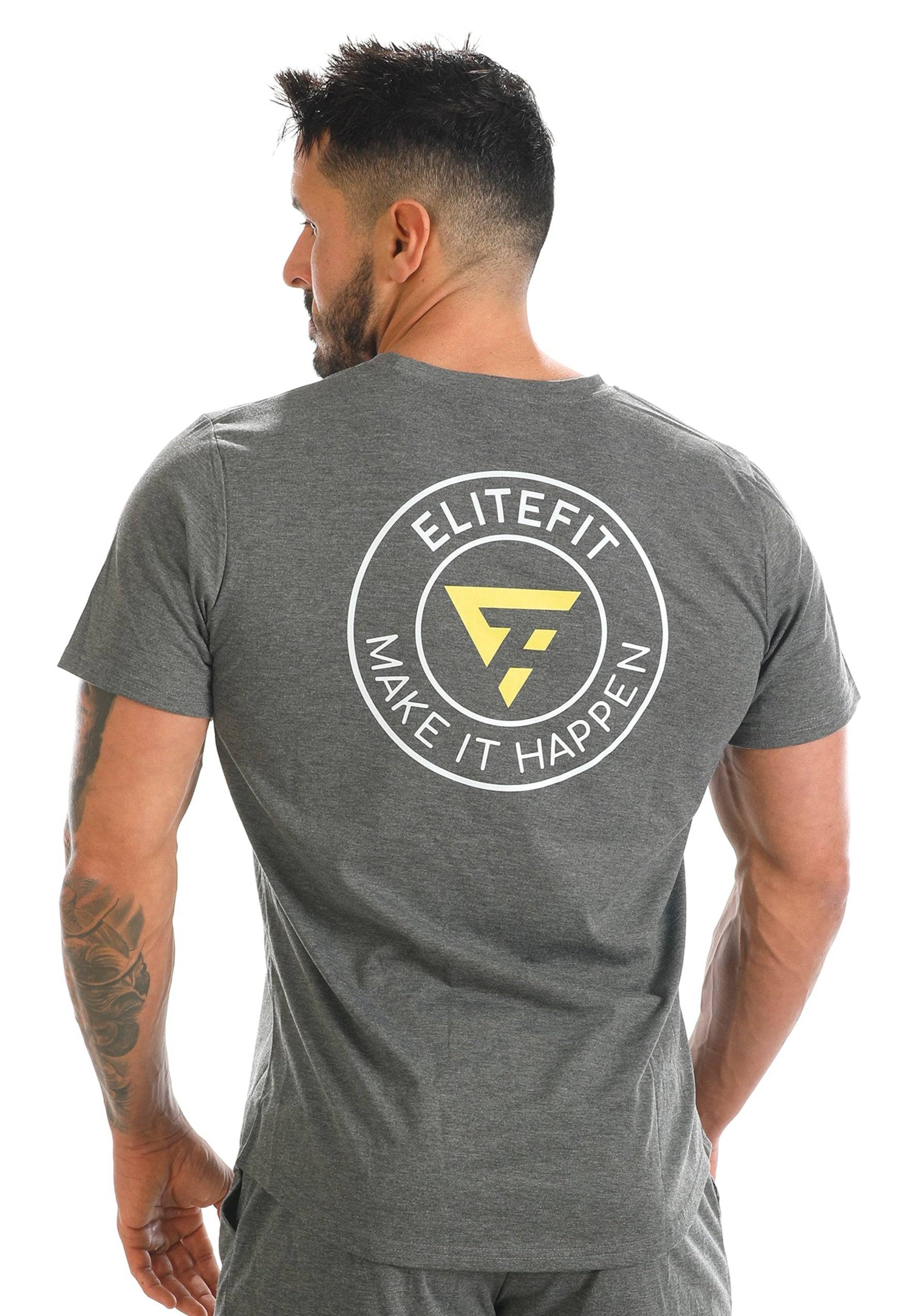 Camiseta deportiva gris ANGELO con logo Elitefit en la espalda y diseño elástico, perfecta para actividades físicas.
