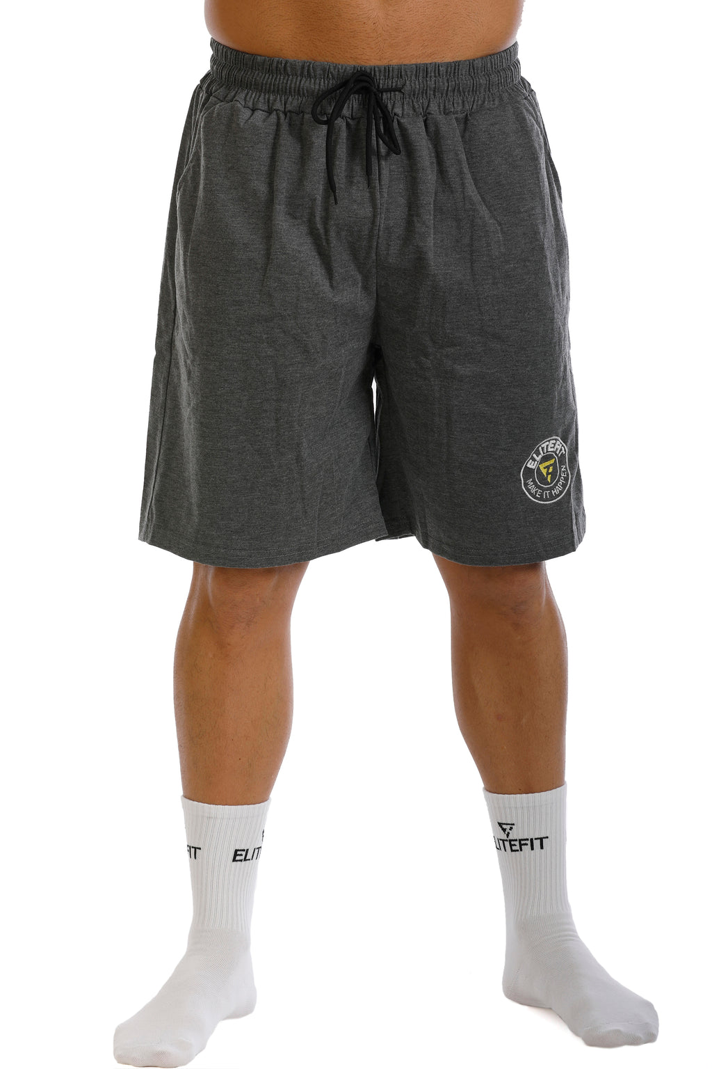 Pantalón corto ALCEO gris para hombre, ideal para deporte, con tejido transpirable y logo Elitefit en la pierna izquierda.