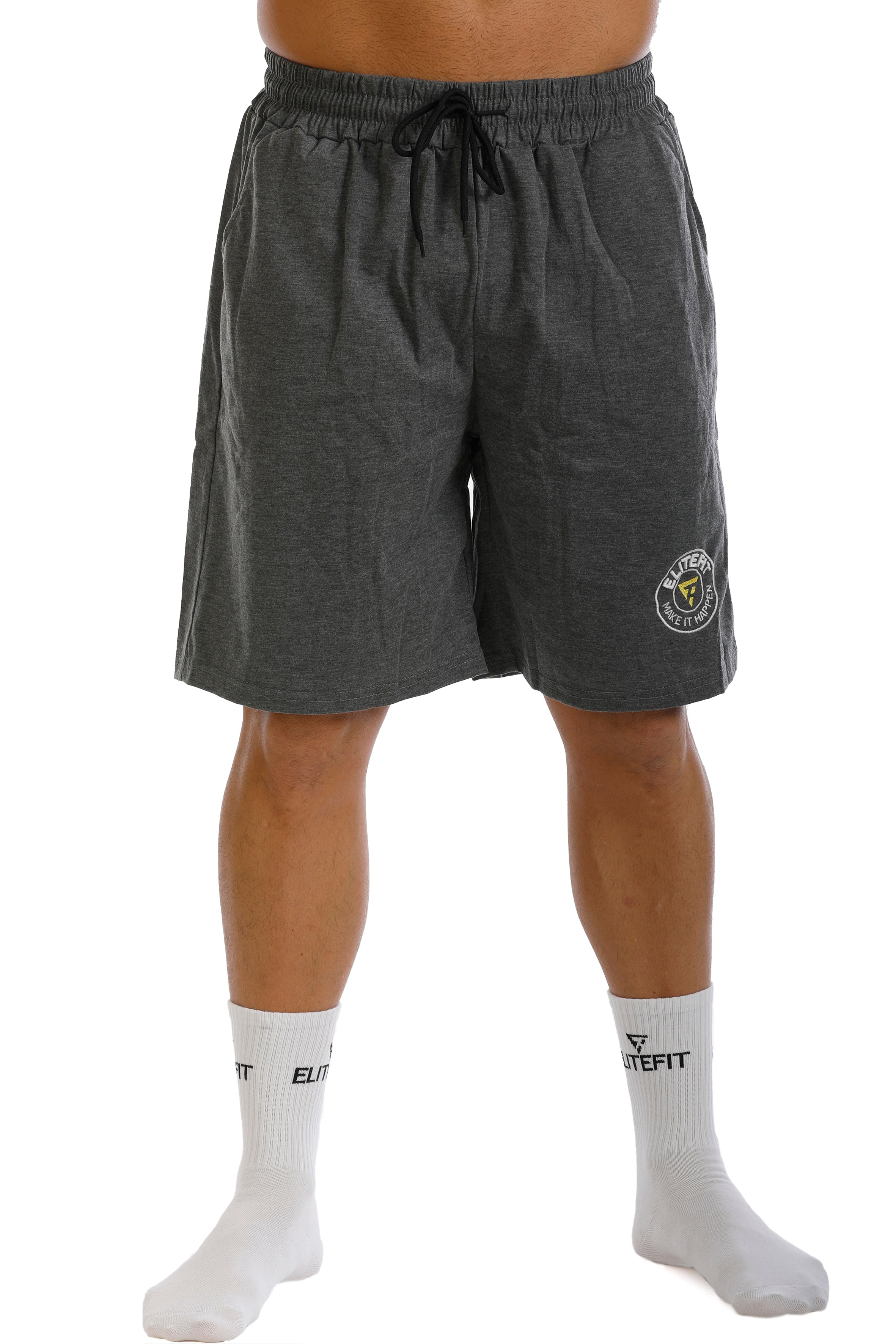 Pantalón corto ALCEO gris para hombre, ideal para deporte, con tejido transpirable y logo Elitefit en la pierna izquierda.